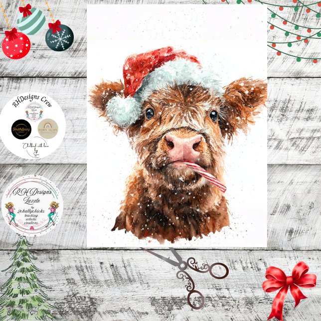 Papel De Seda Decoupage Highland Calf Santa Hat Candy Cane (Subido por el creador)
