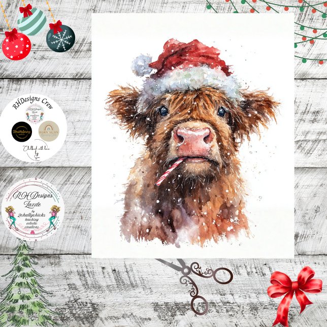 Papel De Seda Decoupage Highland Calf Santa Hat Candy Cane Snow  (Subido por el creador)