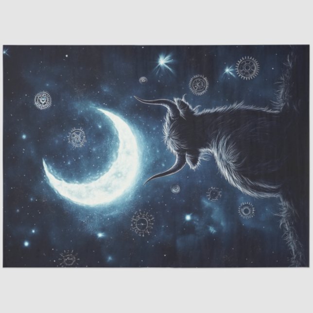 Papel De Seda Decoupage Highland Calf Sitting Hill Starring Moon (Anverso)