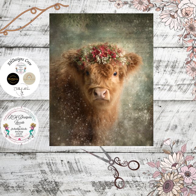 Papel De Seda Decoupage Highland Calf Winter Floral Art (Subido por el creador)