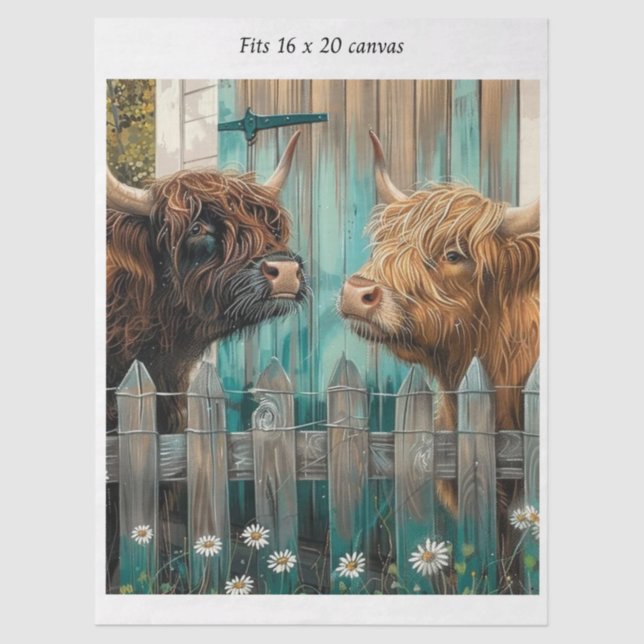 Papel De Seda Decoupage Highland Calves Rustic Barn 16x20 Canvas (Anverso)