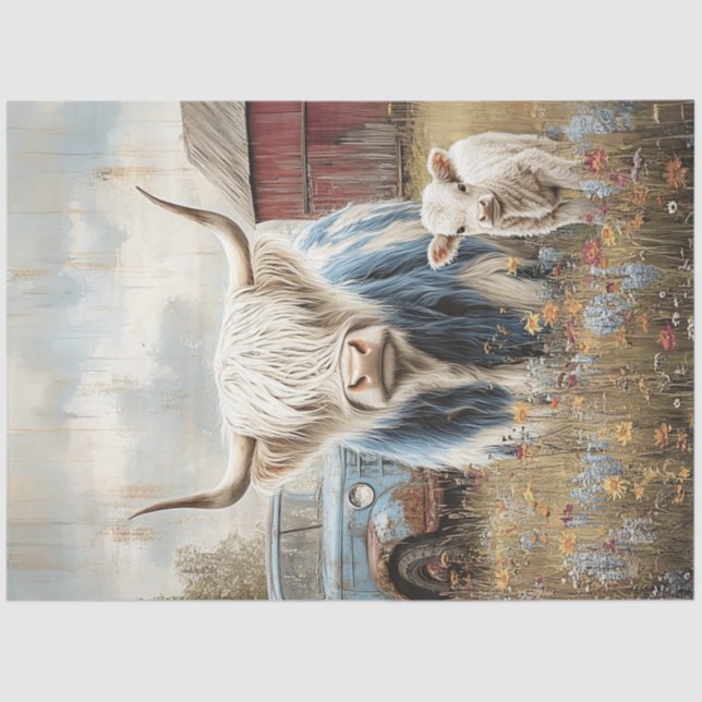 Papel De Seda Decoupage Highland Cow Blue Truck Red Barn Scene (Anverso)