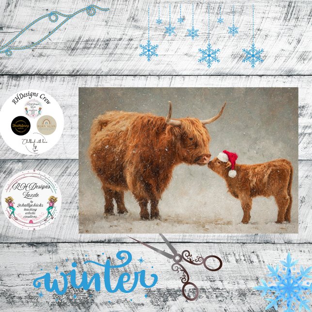 Papel De Seda Decoupage Highland Cow Calf Kissing in the Snow (Subido por el creador)