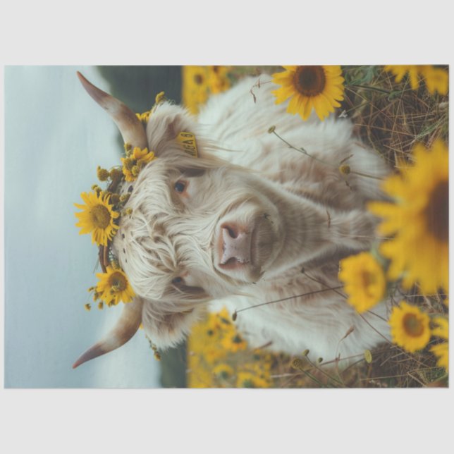 Papel De Seda Decoupage Highland Cow Field Sunflowers (Anverso)