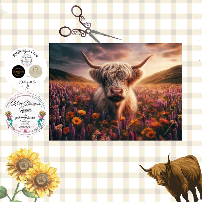 Papel De Seda Decoupage Highland Cow Sunset Flowers  (Subido por el creador)