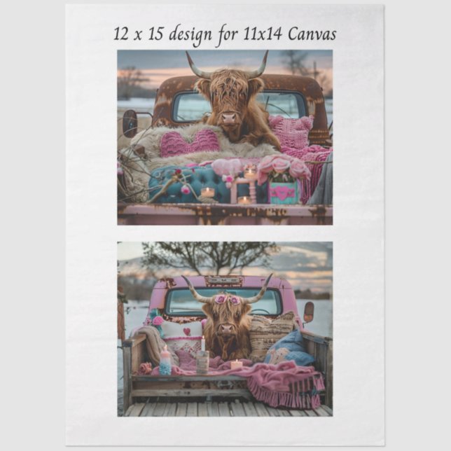 Papel De Seda Decoupage Highland Cow Valentine Truck 11x14 Canva (Anverso)
