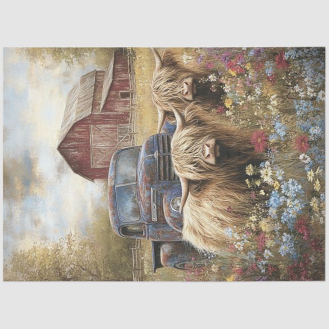 Papel De Seda Decoupage Highland Cows Countryside Red Barn  (Anverso)