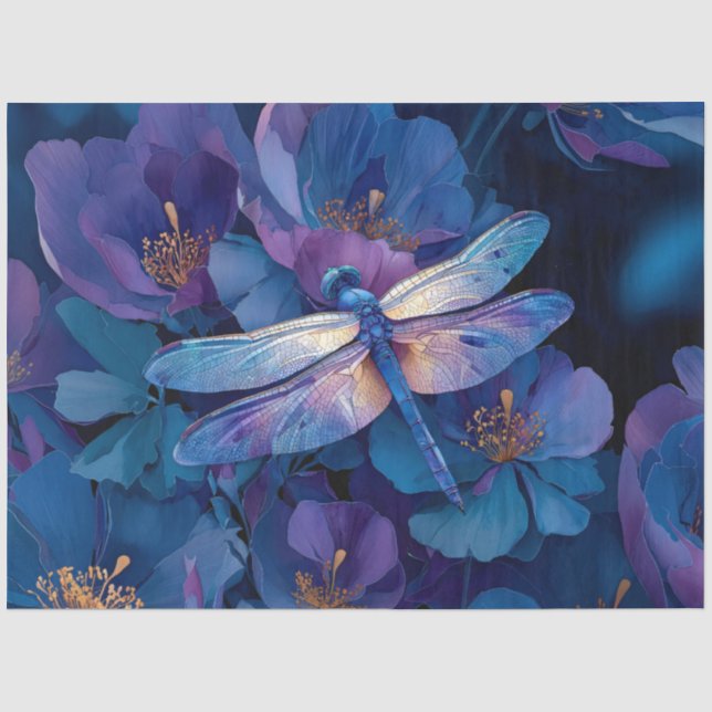 Papel De Seda Decoupage Libélula Iridescente Flores Coloridas (Anverso)