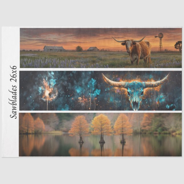 Papel De Seda Decoupage Longhorns Bluebonnets Trees Handsaws (Anverso)