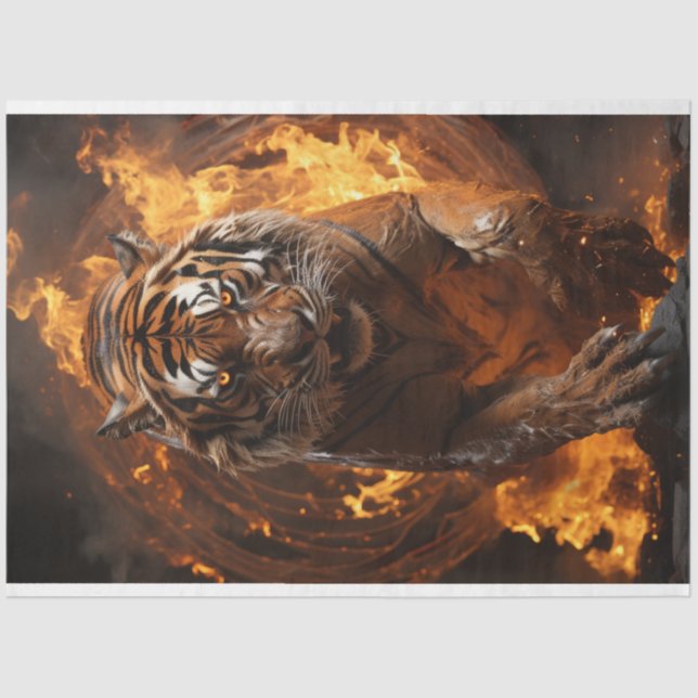 Papel De Seda Decoupage Majestic Wildlife Tiger Fire Art (Anverso)