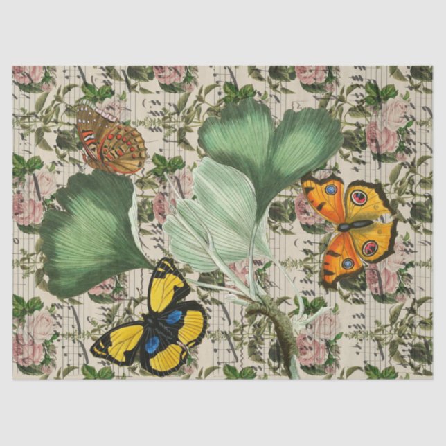 Papel De Seda Decoupage mariposas, música y hojas (Anverso)