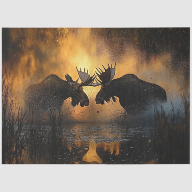 Papel De Seda Decoupage Moose Fighting Sunset Scening (Anverso)