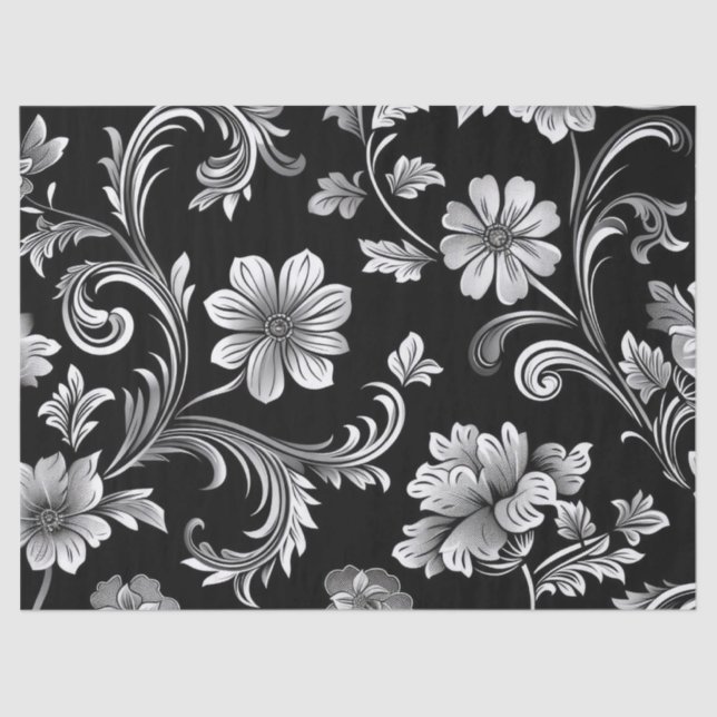 Papel De Seda Decoupage negra y plateada de Damasco gótico vinta (Anverso)