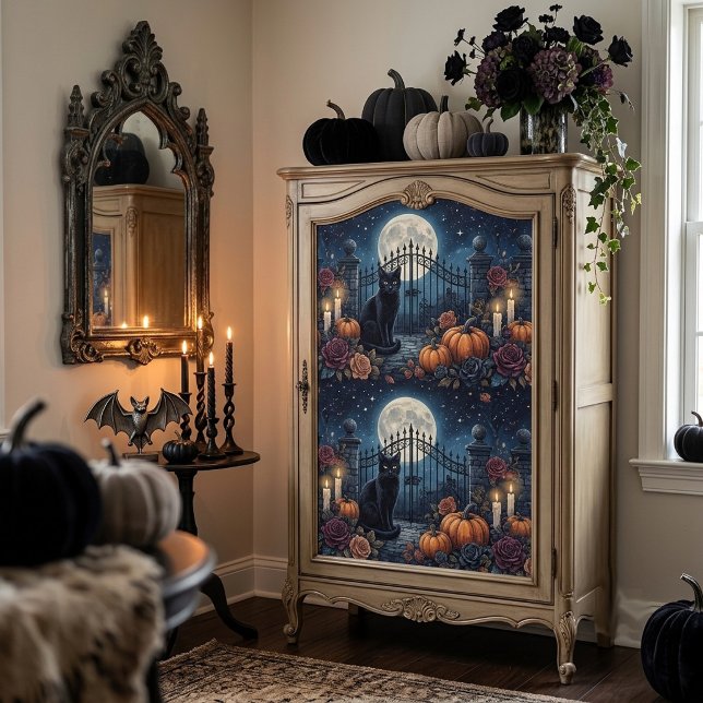 Papel de seda decoupage negro gótico vintage azul  (Vintage Gothic Black Cat Midnight Blue Decoupage Tissue Paper)
