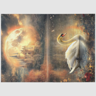 Papel De Seda Decoupage Night Scene Moon Castle Swan in Lake