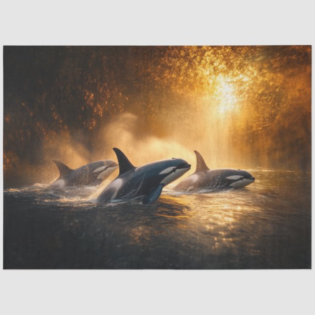 Papel De Seda Decoupage Orcas Whale Sunset Ocean Scene (Anverso)