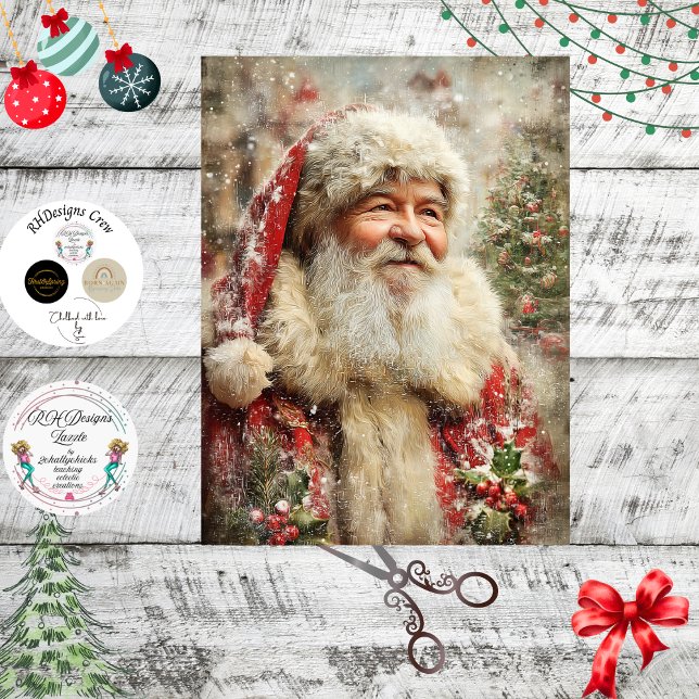 Papel De Seda Decoupage Painterly Santa Claus Snowy Tree Artwork (Subido por el creador)