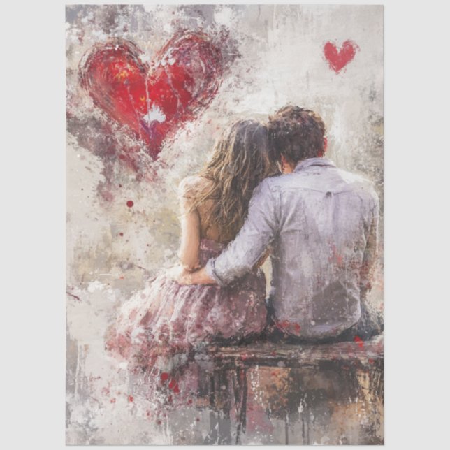 Papel De Seda Decoupage Pareja de San Valentín Banco Corazón Amo (Anverso)