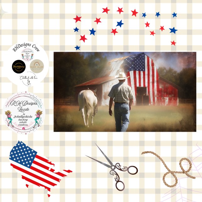 Papel De Seda Decoupage Patriotic Barn White Horse & Rancher (Subido por el creador)