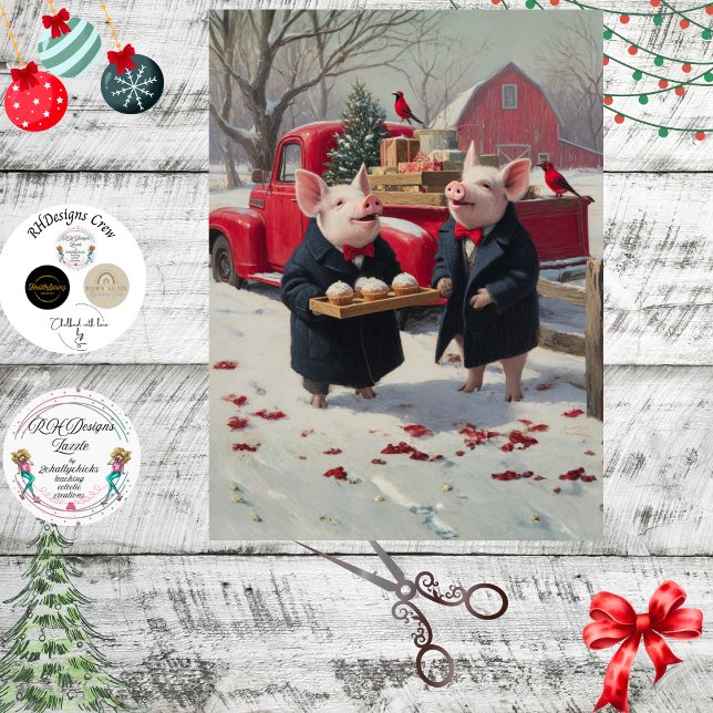 Papel De Seda Decoupage Piglets Celebrating Christmas on Farm  (Subido por el creador)