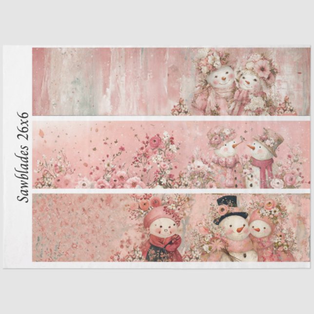 Papel De Seda Decoupage Pink Floral Snowman Handsaw Panels  (Anverso)