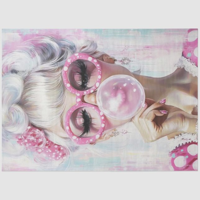 Papel De Seda Decoupage Pop Art Chica de moda Hot Pink Bubble Gu (Anverso)