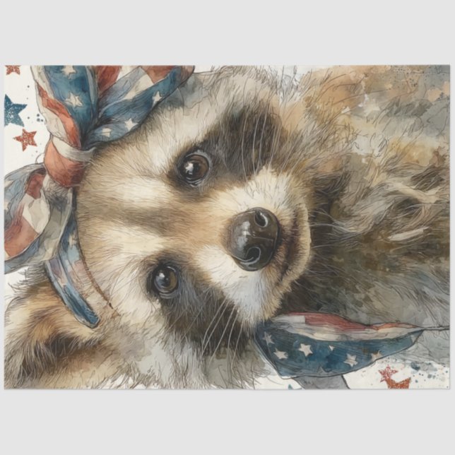 Papel De Seda Decoupage Raccoon Patriótico con Bandera Bandana (Anverso)