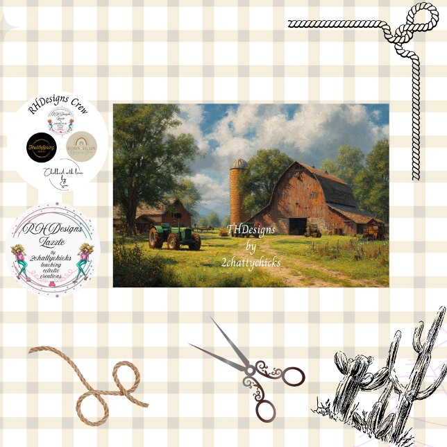 Papel De Seda Decoupage Red Barn Farm Field & Tractor (Subido por el creador)