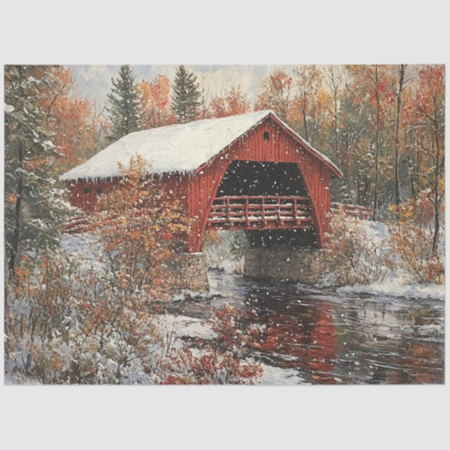 Papel De Seda Decoupage Red Covered Bridge Winter Scene (Anverso)