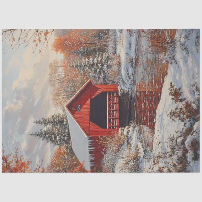 Papel De Seda Decoupage Red Covered Bridge Winter Scene (Anverso)