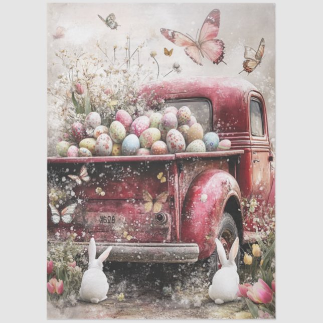 Papel De Seda Decoupage Red Truck Bunnies Eggs Spring Easter  (Anverso)