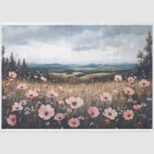 Papel De Seda Decoupage Rosado Flores Silvestres Paisaje
