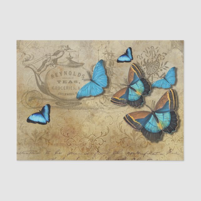 Papel De Seda Decoupage Rustica Antigua N Blue Butterflies Tea (Anverso)