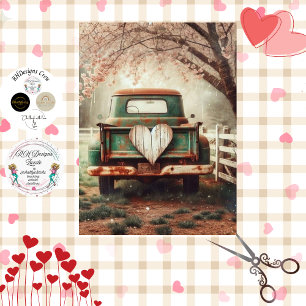 Papel De Seda Decoupage San Valentín Camioneta Verde Vintage 