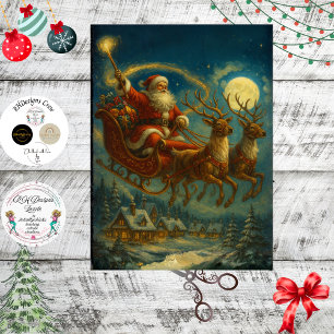 Papel De Seda Decoupage Santa & Reno en Trineo en el Cielo Noctu