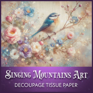 Papel De Seda Decoupage Shabby Chic Floral Watercolor Bluebird