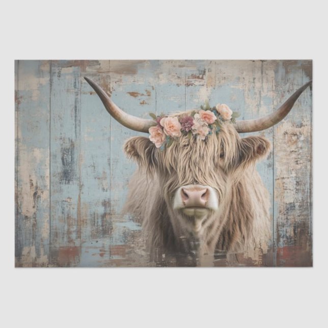 Papel De Seda Decoupage Shaggland Highland Cow Peach Flower (Anverso)