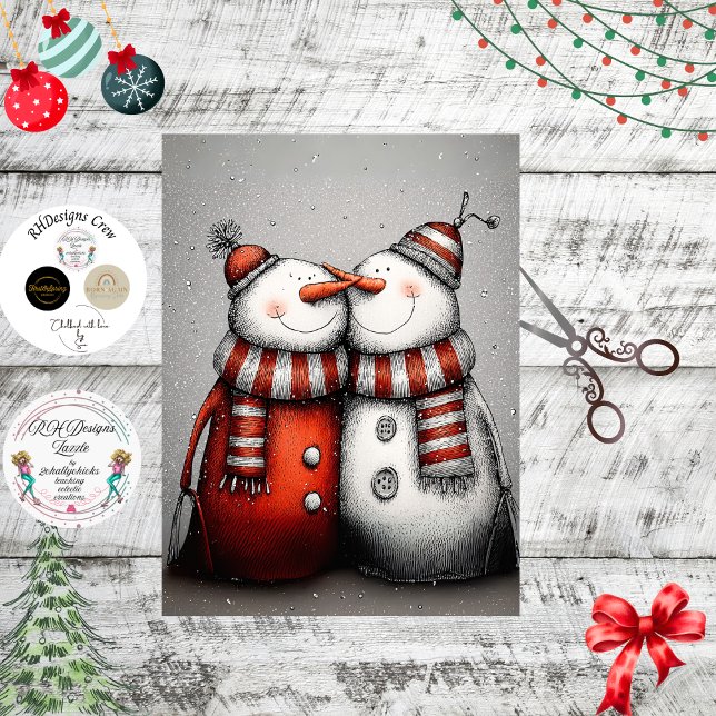 Papel De Seda Decoupage Snowman Pair Red Hats Scarves  (Subido por el creador)