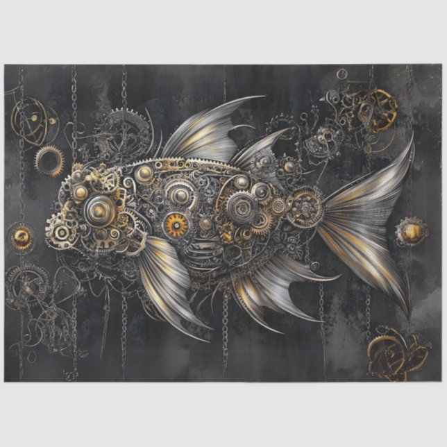 Papel De Seda Decoupage Steampunk Fish Silver Gold Metallic (Anverso)