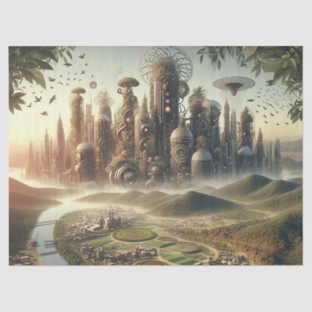 Papel De Seda Decoupage Steampunk Garden City Fantasy City (Anverso)