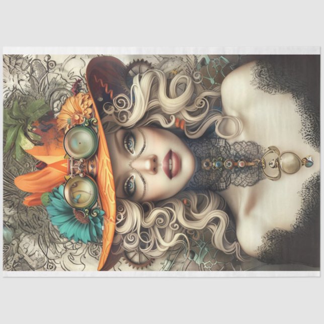 Papel De Seda Decoupage Steampunk Gearhead Vintage Lady (Anverso)