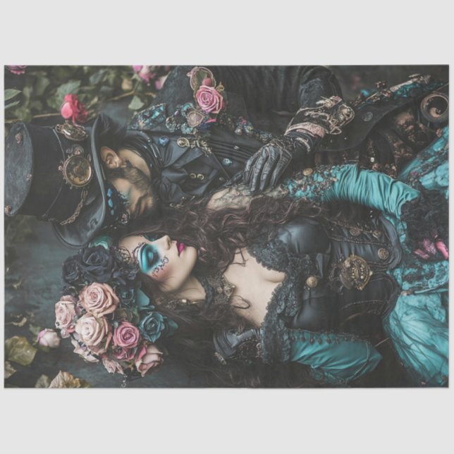 Papel De Seda Decoupage Steampunk Valentine Couple Verde azulado (Anverso)