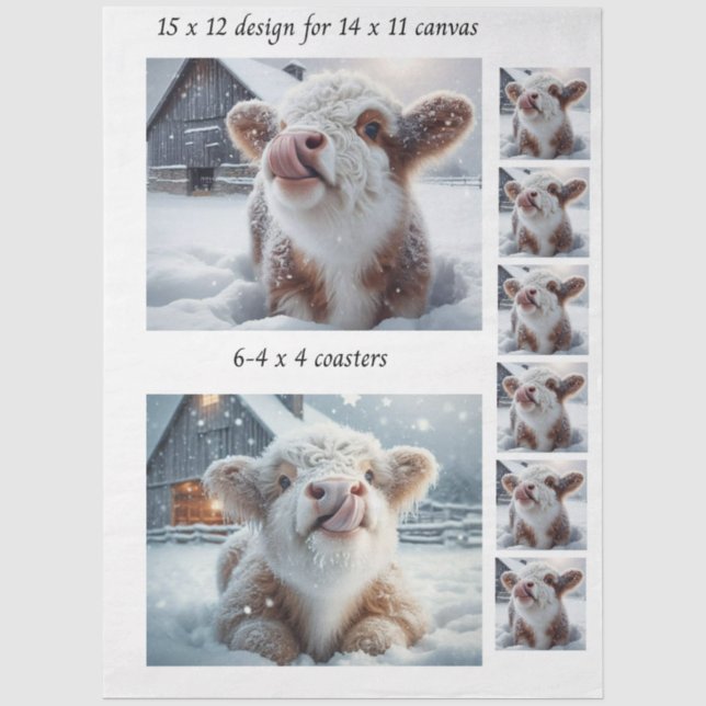 Papel De Seda Decoupage Ternero de Highland Nieve 11x14 Coasters (Anverso)