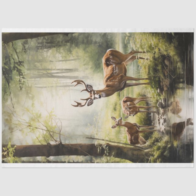 Papel De Seda Decoupage Tissue Paper ciervo con bebé en el bosqu (Anverso)