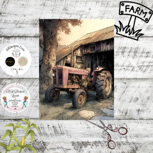 Papel De Seda Decoupage Tractor Vintage Rosa y Granero Rústico 