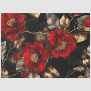 Papel De Seda Decoupage Vibrant Red Flowers Gold Silver Trim