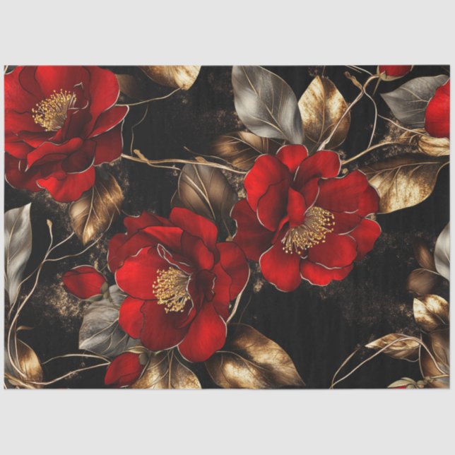 Papel De Seda Decoupage Vibrant Red Flowers Gold Silver Trim (Anverso)