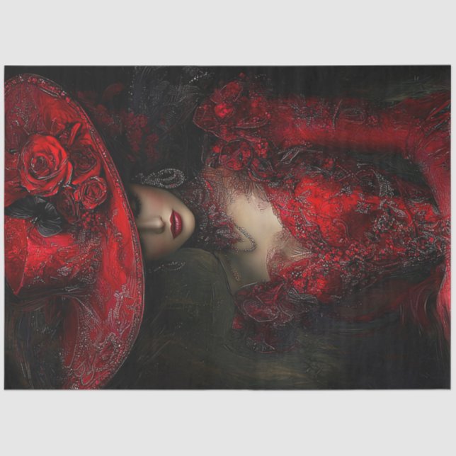 Papel De Seda Decoupage Victorian Elaborado Vestido Rojo Amplio  (Anverso)