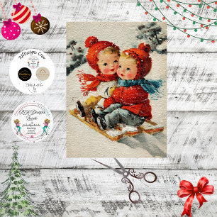 Papel De Seda Decoupage Vintage Niños Deslizándose en Bosque Nev