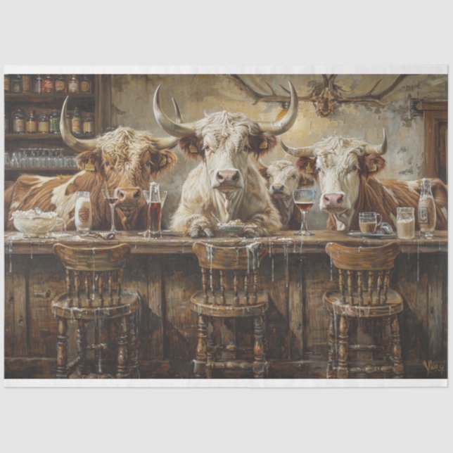 Papel De Seda Decoupage Western Bar Con Vacas En Saloon (Anverso)